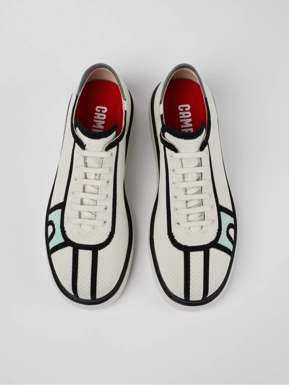 Camper Runner K21 White Canvas Graphic Lace-Up Sneakers with Black Piping